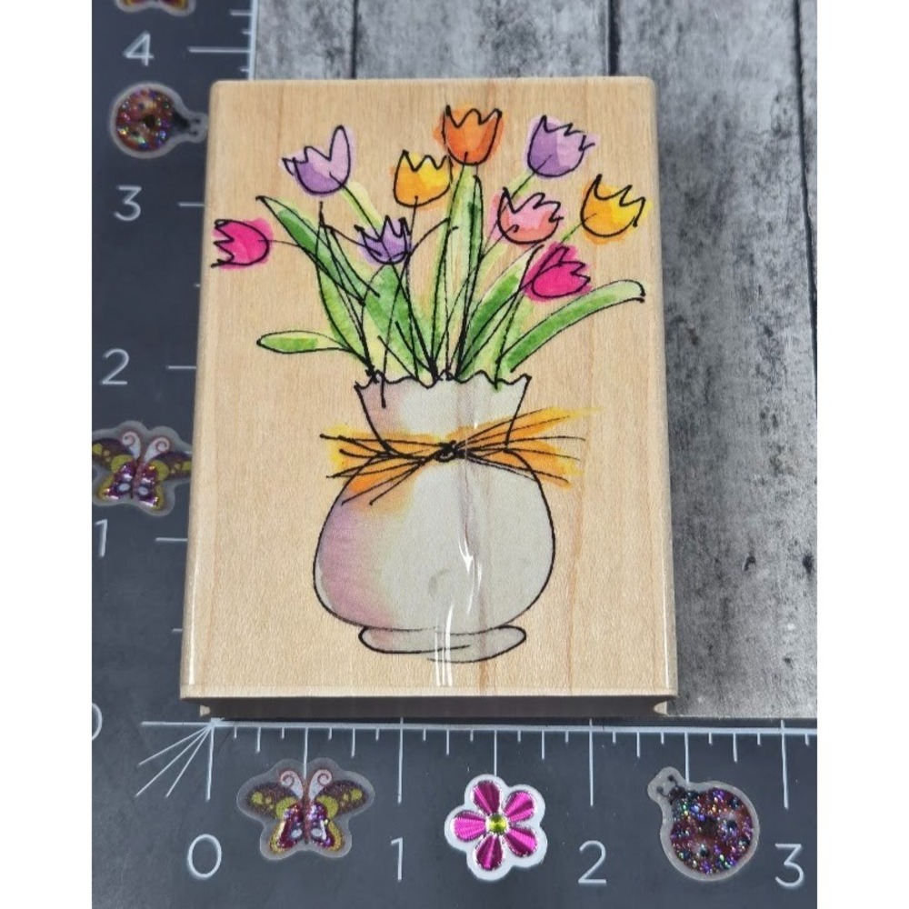Hero Arts Spring Tulips Sketch H2818 Flowers Vase Rubber Stamp Wood #R41